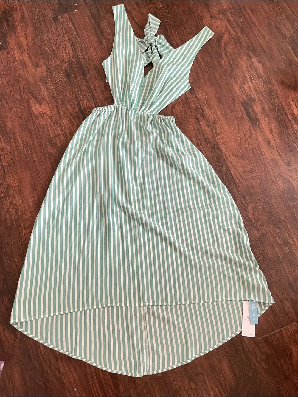 Cupshe Aileen Green & White Striped V-Neck, Back Tied High-Low Midi Dress Small